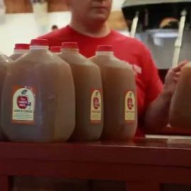 Gallon jugs of cider on the way to your refrigerator.